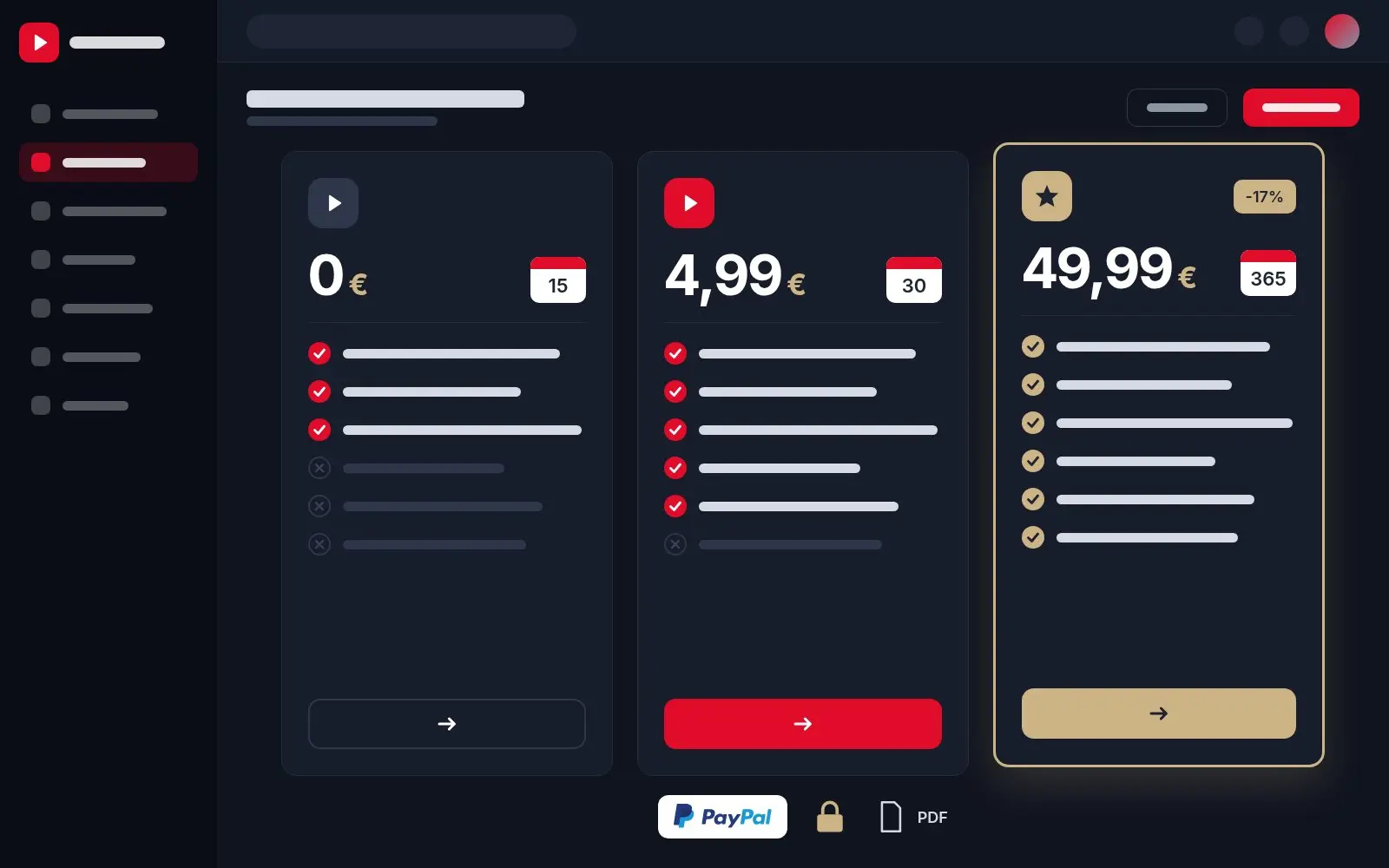 Abbonamenti di Artika: gratuito con 15 giorni di prova, mensile a 4,99 € e annuale a 49,99 € in evidenza, pagamento con PayPal e ricevute in PDF