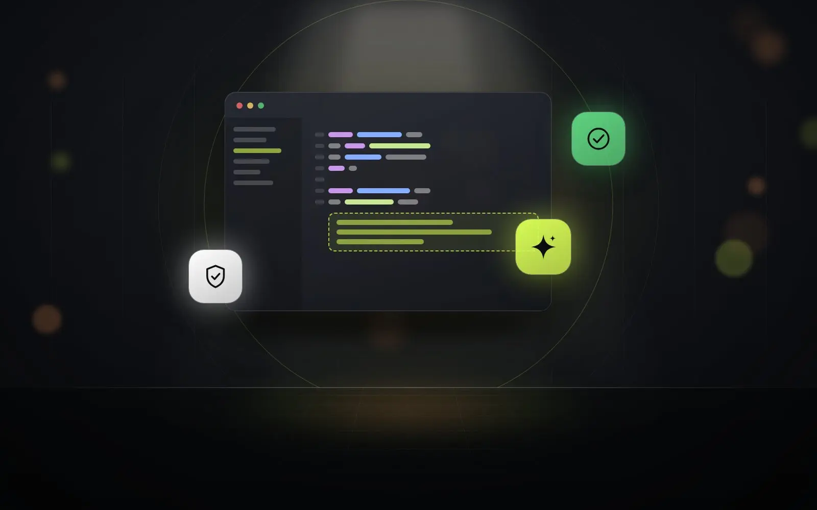 Illustrazione: un editor di codice con un suggerimento dell’AI, test superati e sicurezza