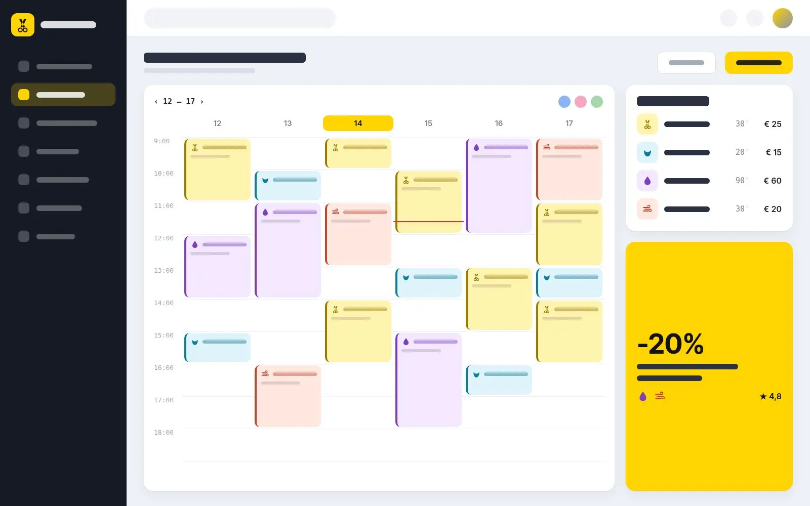 Agenda settimanale del salone in Hairdate: appuntamenti colorati per servizio (taglio, barba, tintura, piega), listino dei servizi con durata e prezzo, promozione in evidenza