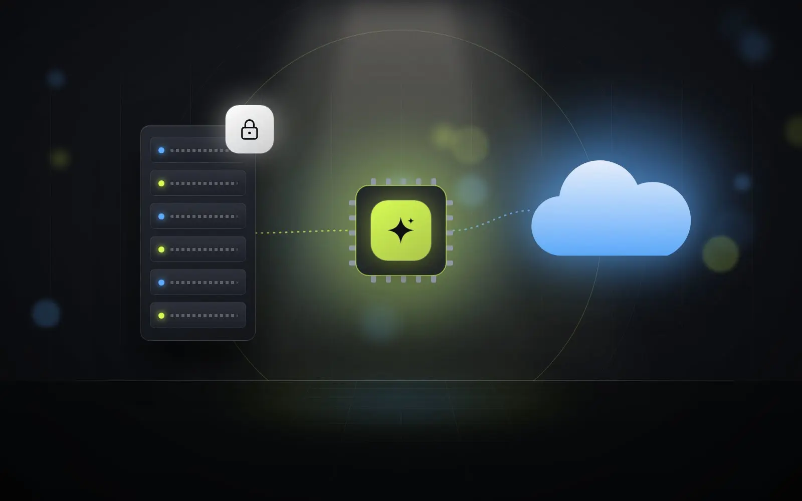 Illustrazione: un server aziendale e il cloud collegati a un modello AI