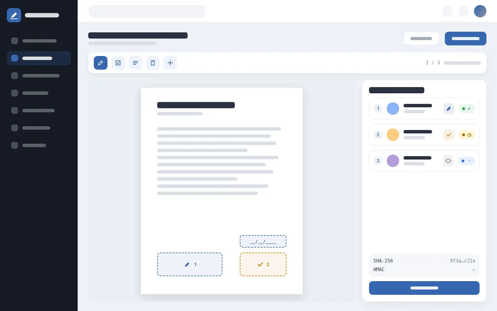 Schermata di Sign Flow: editor del PDF con i campi di firma posizionati e l'elenco dei destinatari (firmatario, approvatore, copia) con il loro stato