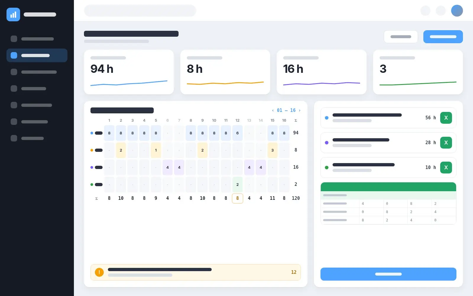 Schermata di SmartSheet: ore del mese per giorno divise in attività, straordinari, reperibilità e assenze, con i totali, un’anomalia segnalata e un file Excel per ogni commessa